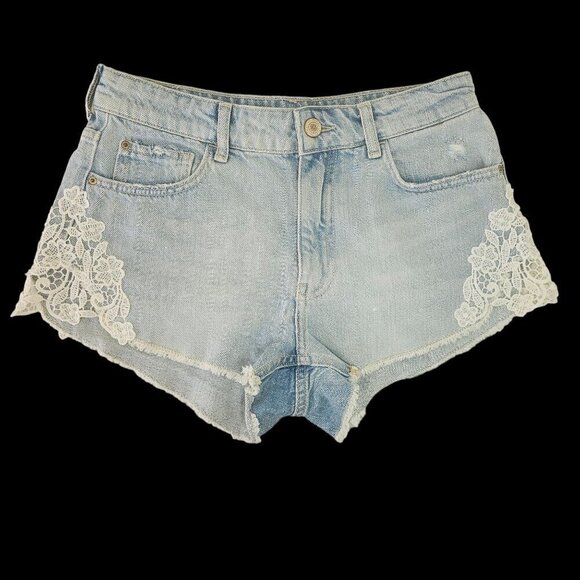 Bershka Denim and Lace Cutt-Off Shorts Size 4 Light Wash Daisy Dukes Distressed - Picture 4 of 9